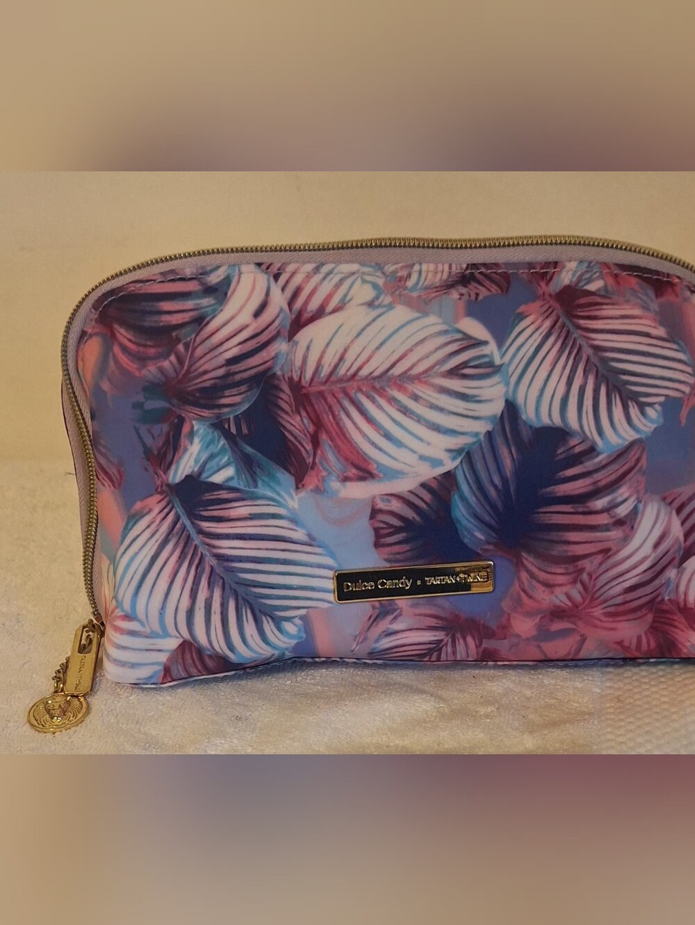 Dulce Candy Tartan Twain 5g Tropical Leaf Cosmetic Pouch - Pink & Blue